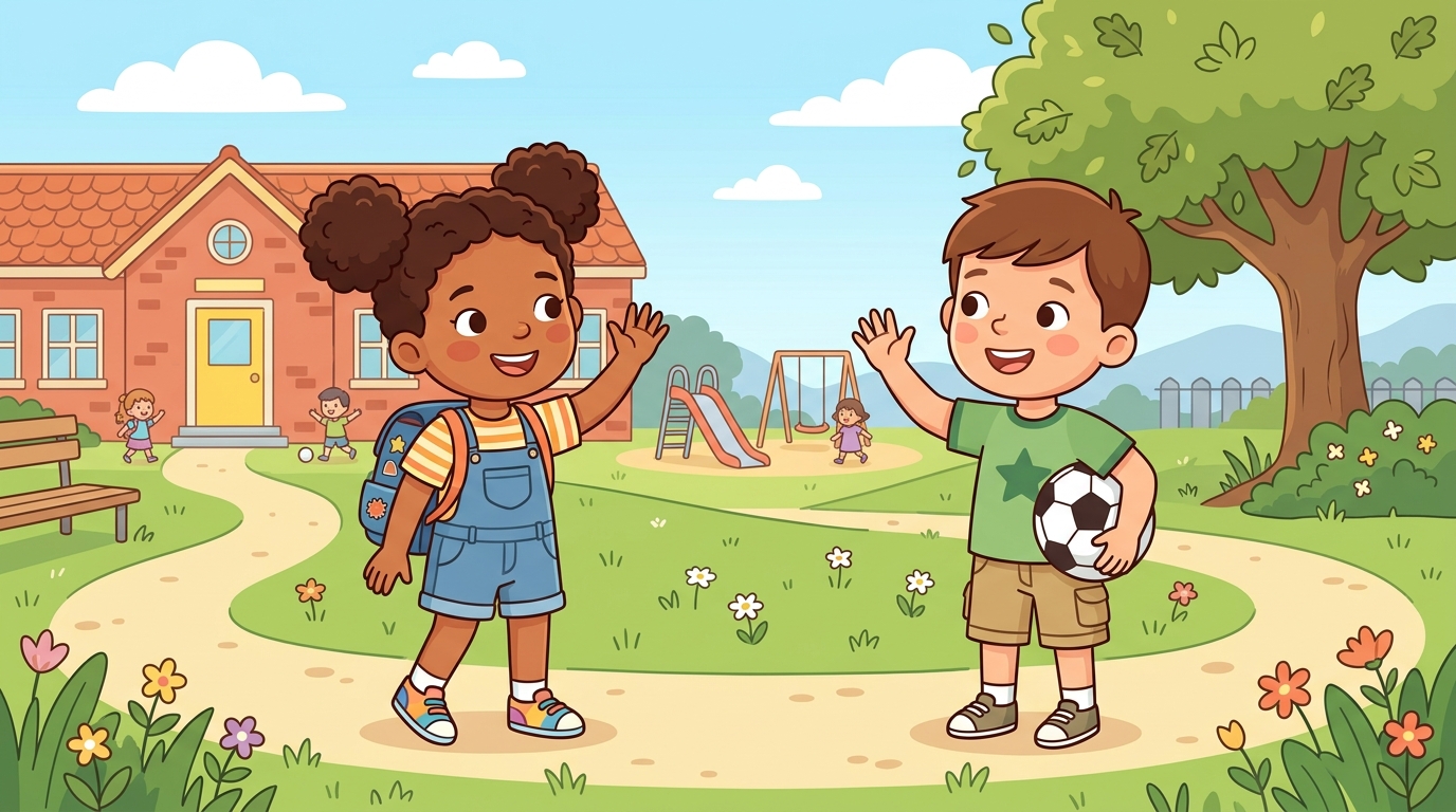 Zoe, a new girl with a backpack, waves hello to Max, a boy holding a soccer ball, in a sunny primary-school playground